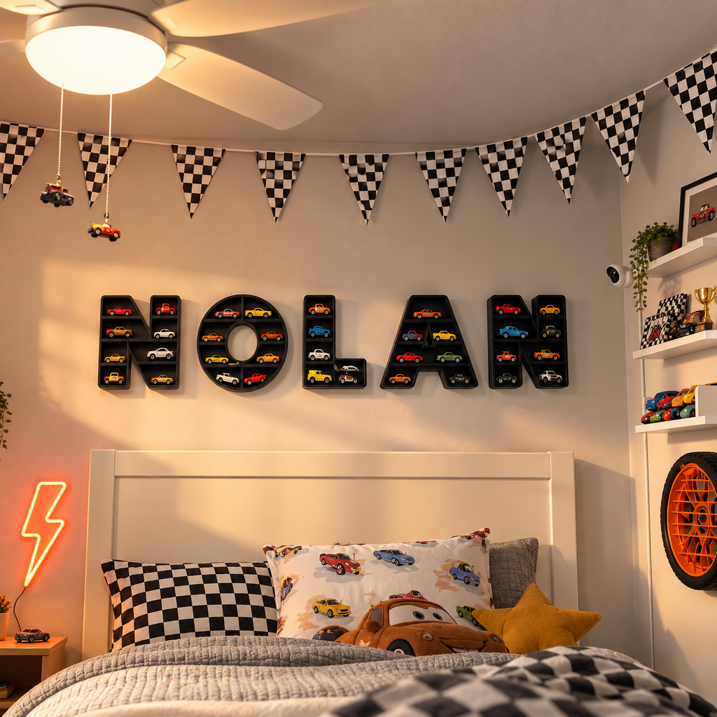 Kids Name Wall Decor with Toy Car Display Shelves