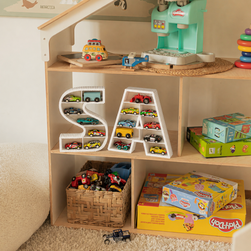 Kids Name Wall Decor with Toy Car Display Shelves