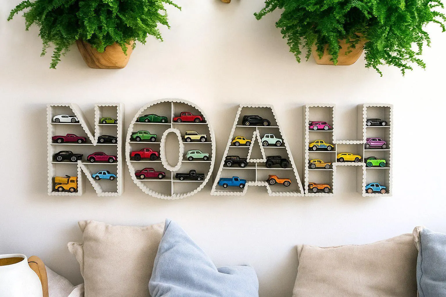 Personalized toy car display shelf with the name Noah for Hot Wheels and diecast cars