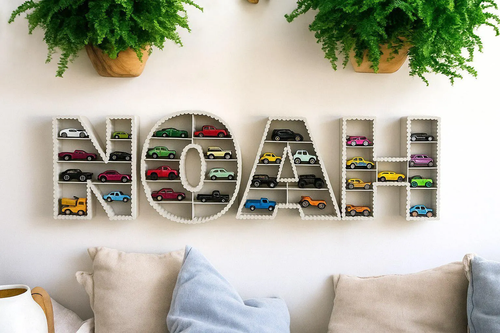 Personalized toy car display shelf with the name Noah for Hot Wheels and diecast cars